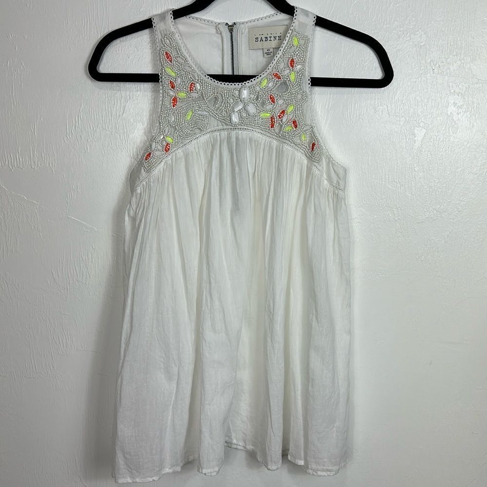 Sabine Cotton Beaded Empire Waist Sleeveless Top In White Size XS